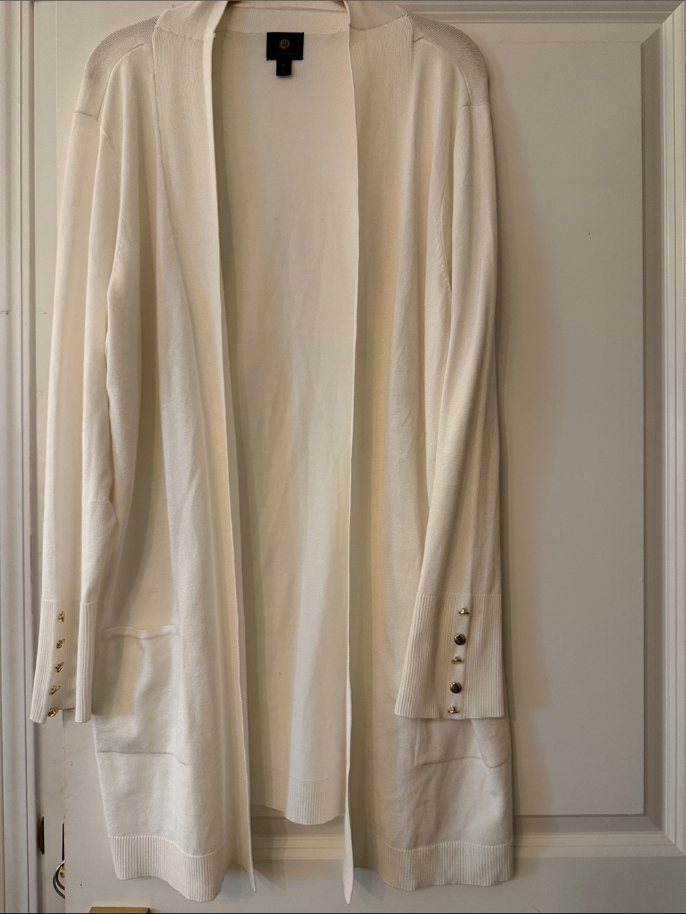 JM Collection Cream Open-Front Long Cardigan with Gold Button Detail